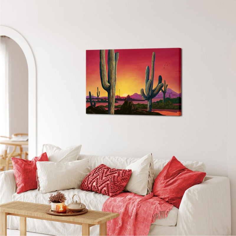 iHAPPYWALL Large Saguaros Landscape Canvas Wall Art Sunset Arizona Cactus Orange Background Sonoran Desert Picture for Home Bedroom Decor Ready to Hang 24x36inch - Image 4